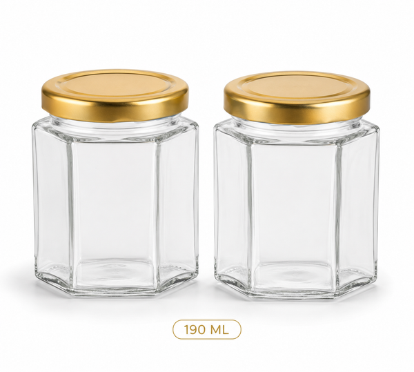 190 ml Hexagon Glass Jars with Gold Lids 24 jars per case